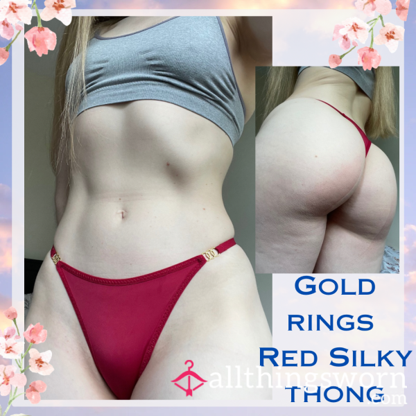 Gold Rings Red Silky Thong ♥️ Size Small▪️1 Day Wear - £20. Longer Wears And International Shipping Available 🌎