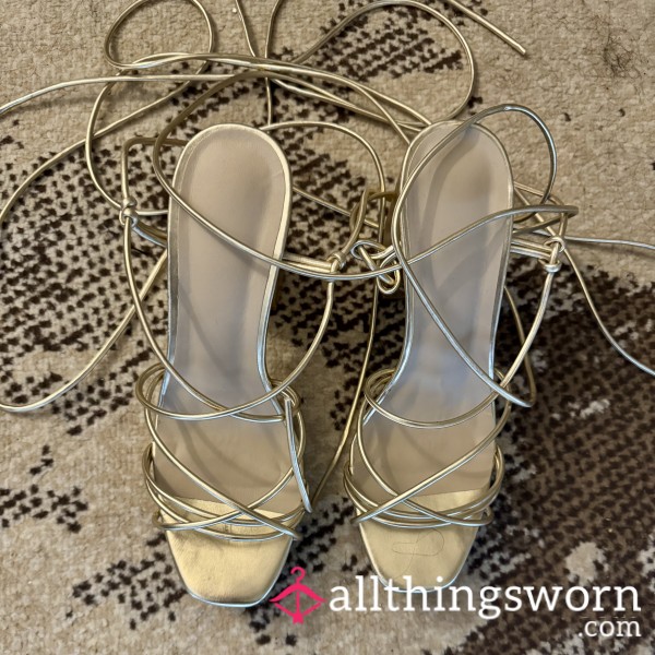 Gold Strappy Block High Heels ✨