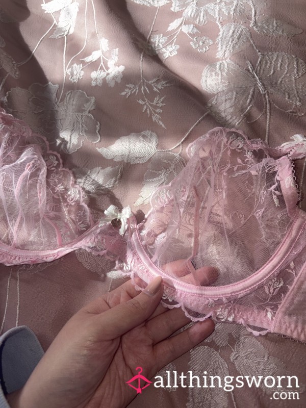 Gorgeous See Through Pink Underwire Bra With Bow And Flor*l Detail