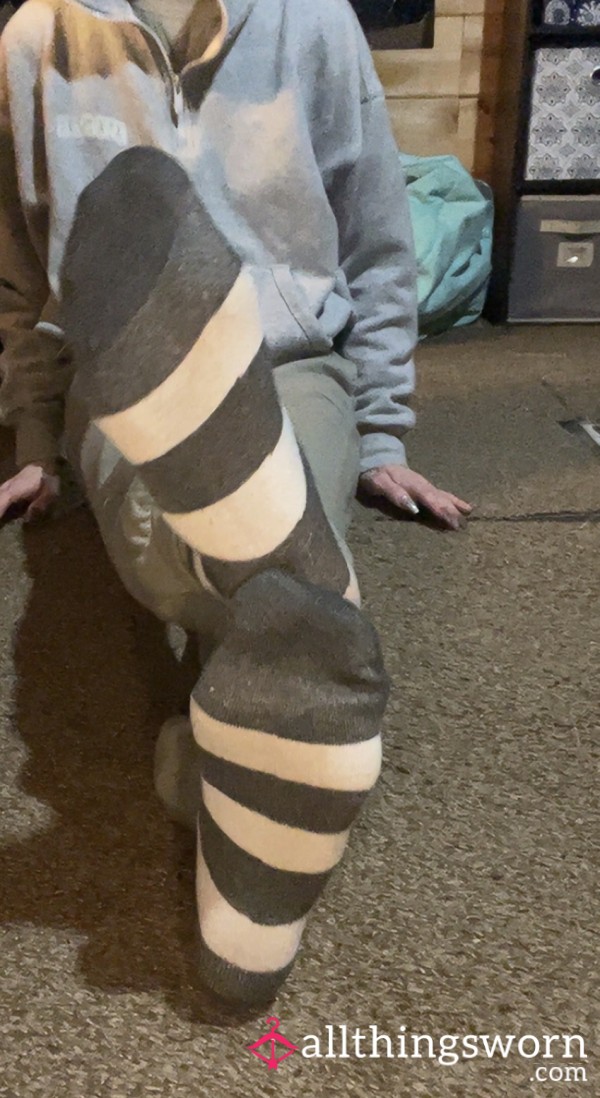 Well Worn Smelly Socks! Gray And White!