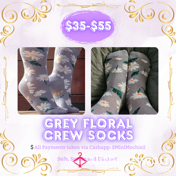 Gray Flor*l Crew Socks