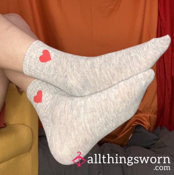 Gray With Red Heart Crew Socks