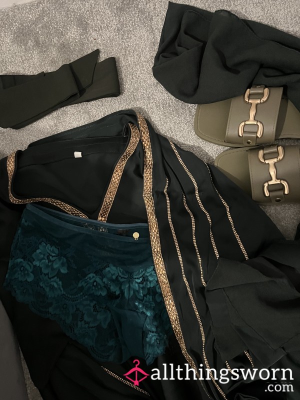 Green Abaya, Panty, Scarf And Sandal Set
