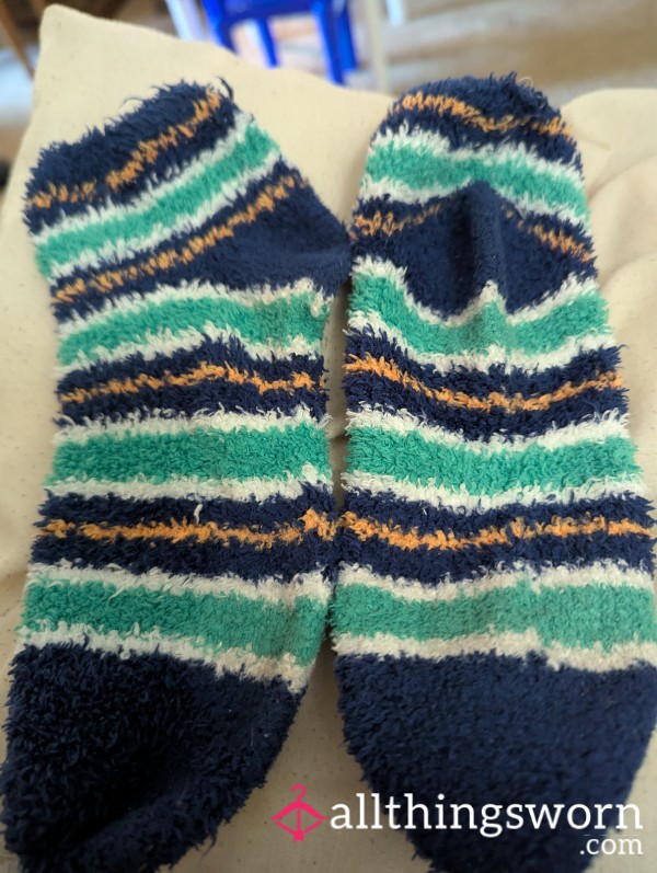 Green And Blue Striped Fuzzy Socks