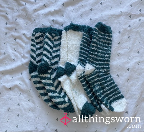 Green And White Fuzzy Socks