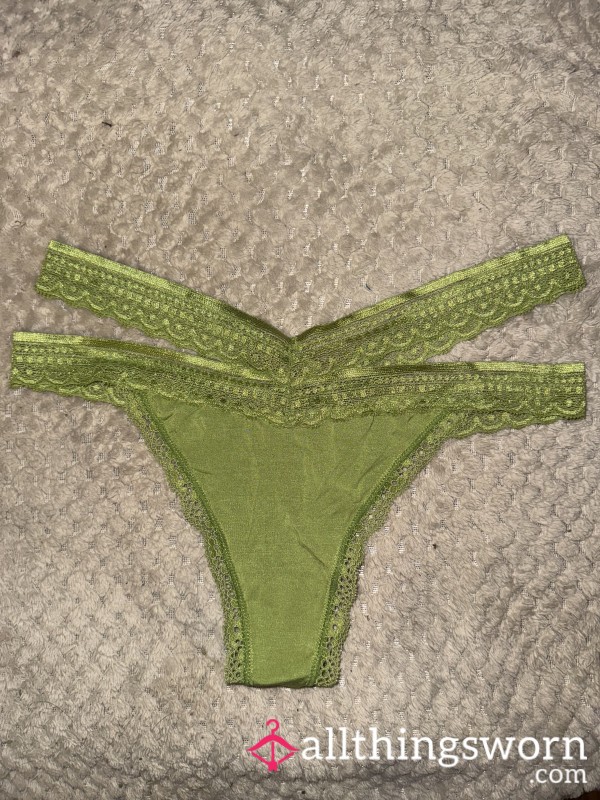 Green Cotton Thong With Double Lace Waist Band
