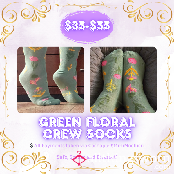Green Flor*l Crew Socks