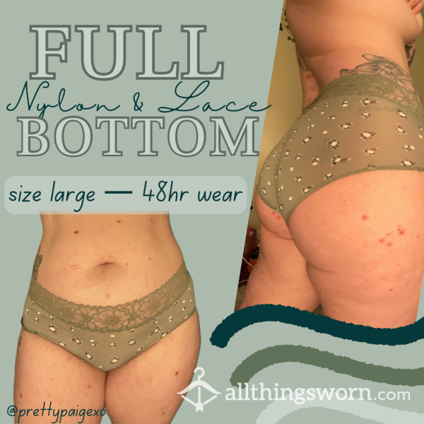 Green Full Bottom Flor*l Panties 😘 Nylon & Lace Size Large 🫶🏼 Worn 48 Hrs