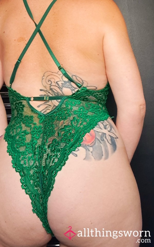 Green Lace Crotchless Bodysuit - Worn All Day 💦