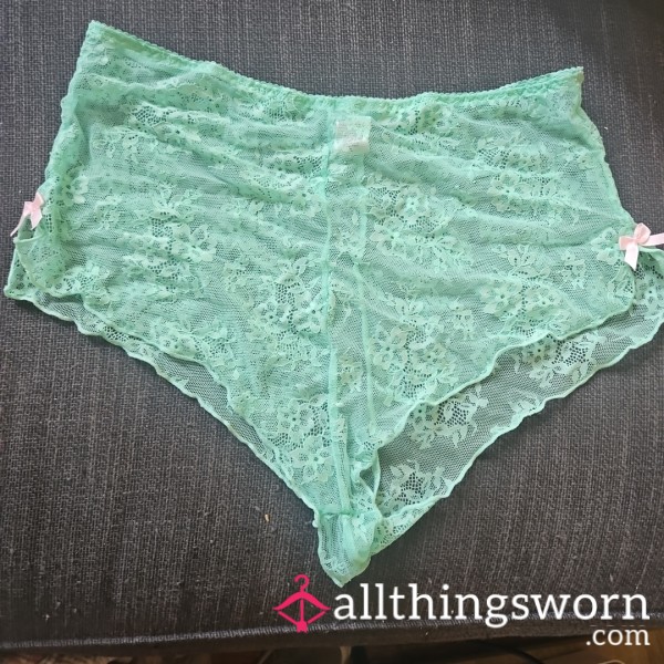 Green Lace Green Boy Shorts That Has Pink Bows