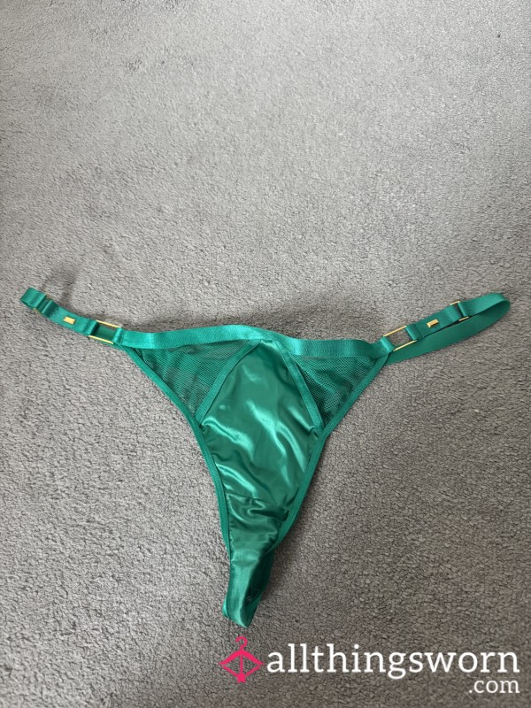 Green Satin Thong With Metal Details
