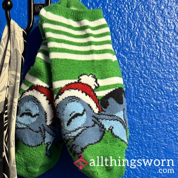 Worn Green Striped Stitch Christmas Ankle Socks