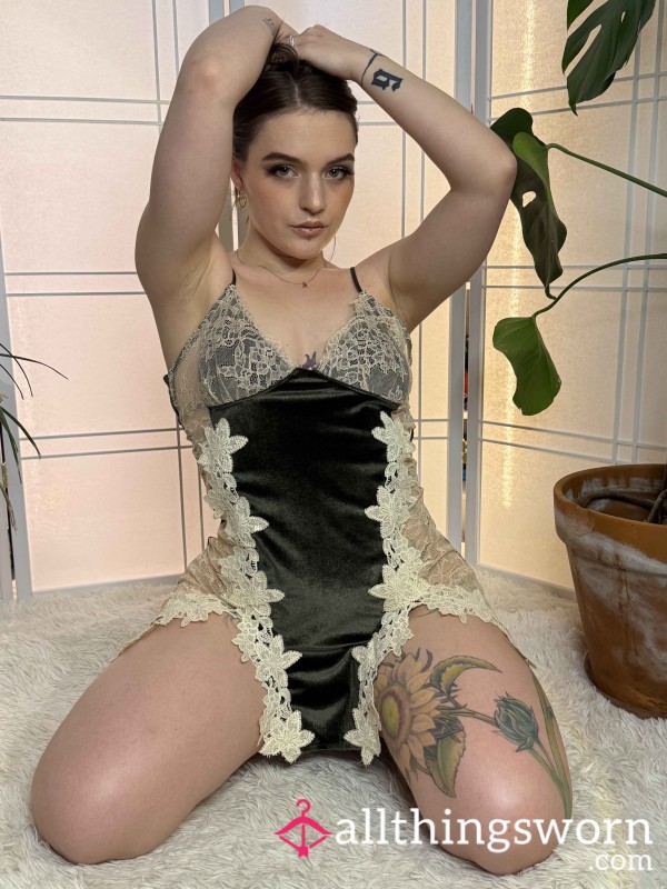 Green Velvet Dress With Cream Lace Size M