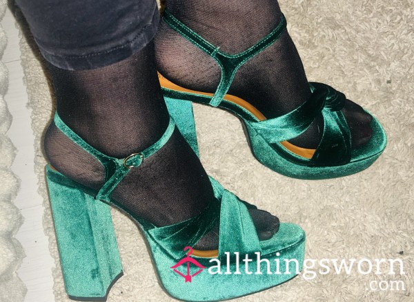 Green Velvet Strappy Heels Size 7