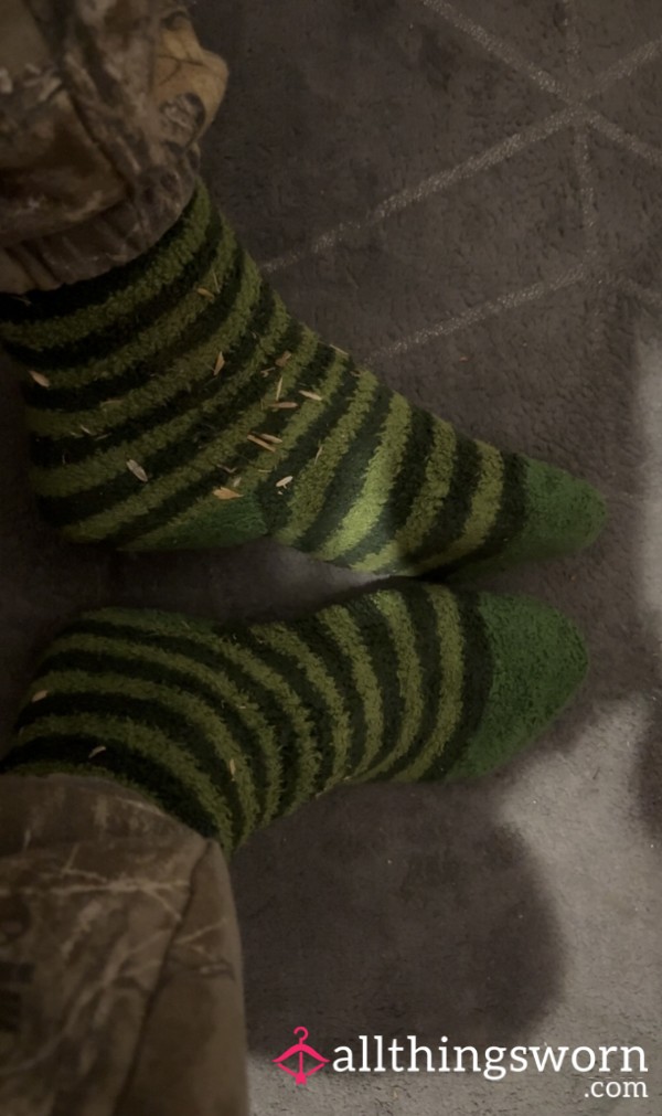 Green Work Stable Farm Mucking Out Smelly Fluffy Striped Socks Covered In Straw Worn As A Size 3