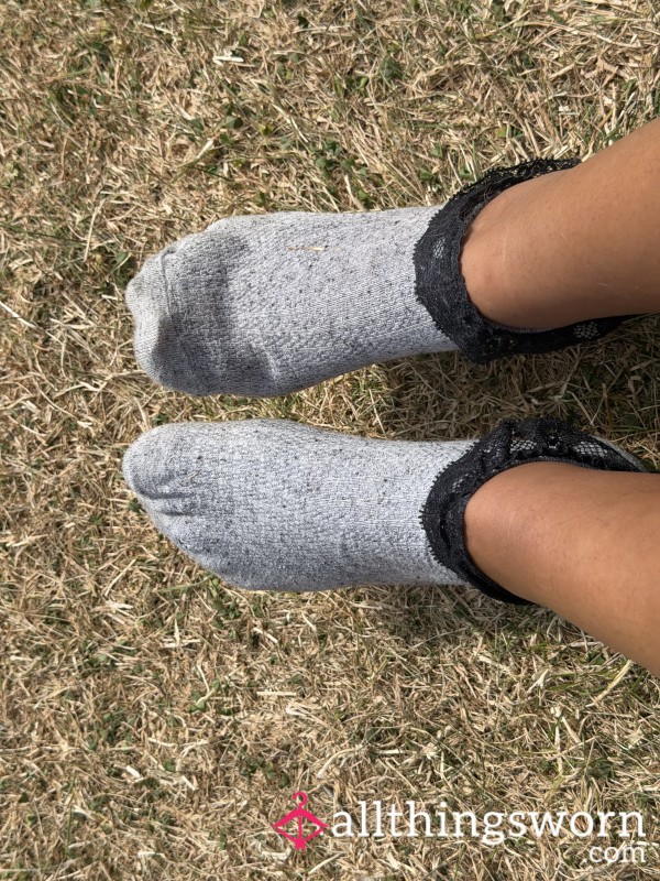 Grey Ankle Socks With A Black Lace Trim