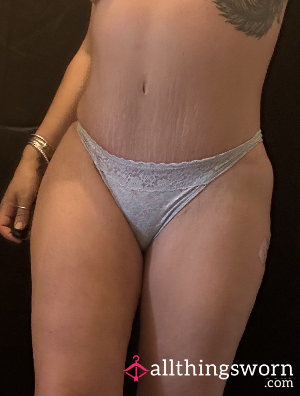 Grey Cotton And Lace  Thongs Size 12 Pink Hearts