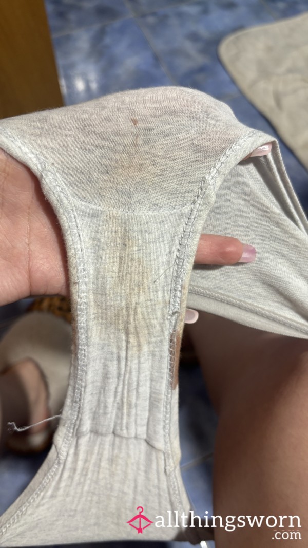 Grey Cotton Panties – Worn During Red Days (Stained & Intimate)