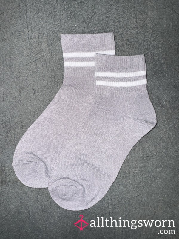 Grey Cotton Striped Crew Socks