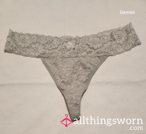 Grey Cotton Thong With Lace
