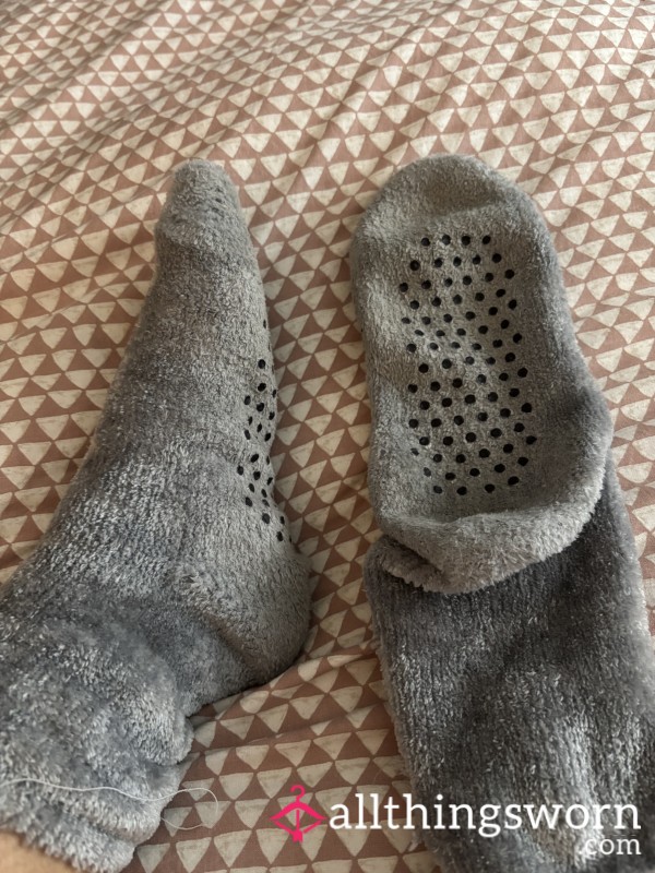 Grey Fluffy ‘bed’ Socks That Have Been On My Sweaty Feet For 2 Nights. They Soft Fabric Caressing My Feet All Night…