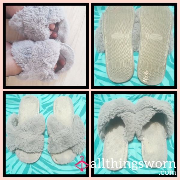 Grey Fluffy Well Worn Slippers