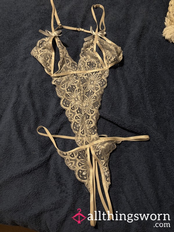 Grey Lace Crotchless & P**phole Bodysuit - Worn For A Evening Of Play