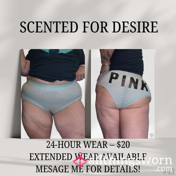 Worn Grey VS Boyshorts – “PINK” Across The Bu*t & 24HR Scented Tease