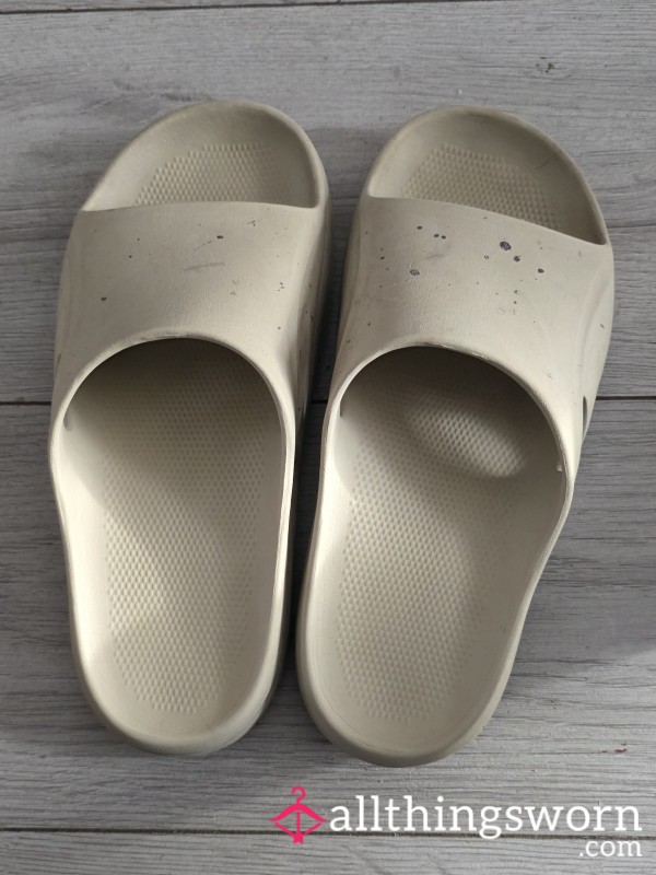 Well Worn Dirty Beige Work Sliders, 15 Hr Work Shifts