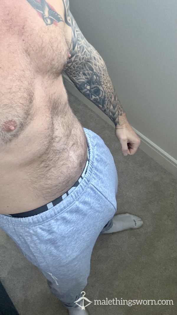 Grey Sweat Pants - Sweaty And Worn At The Gym And After Some Bedroom Action