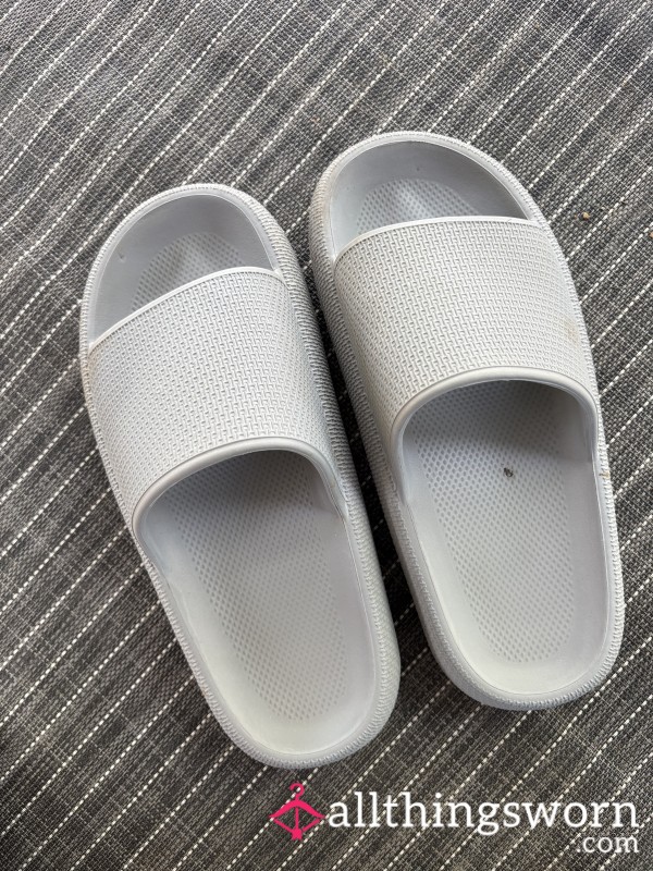 Grey Worn Daily Slides. My Pretty Little Feet Are In These All Day While I Work At My Desk ;)