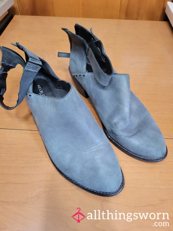 Leather, Grey/Blue Heeled Mule With Ankle Strap - Size 11