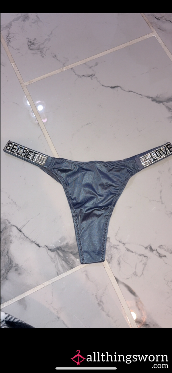 Greyish/blueish Silky Satin Thong With Diamond Love Secret Band