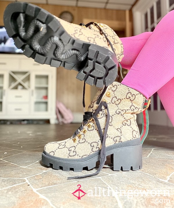 Gucci Covered Wool GG Monogram Lace-Up Combat Ankle Boots