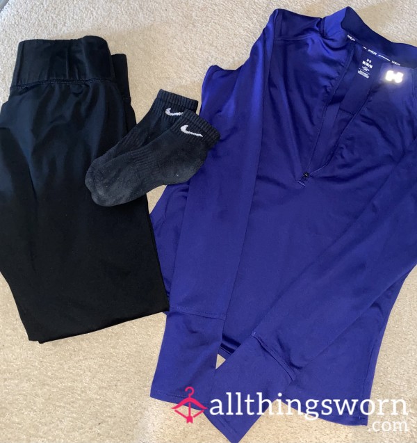 Gym Outfit Bundle – Under Armour Top, Black Nike Socks & Gym Leggings – Worn Gym Set 🖤