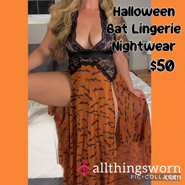 Halloween Bat Print Lingerie Gown - Nightwear -