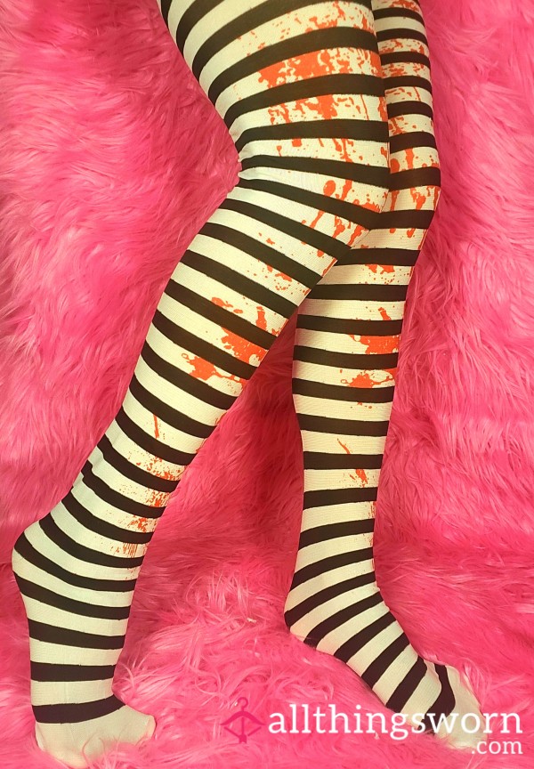 Halloween Grunge Striped White & Black Stockings Splater Thigh High Socks Japanese Asian Feet Arched Petite Feet Fetish Worship Gym Girl Fitness Workout Model