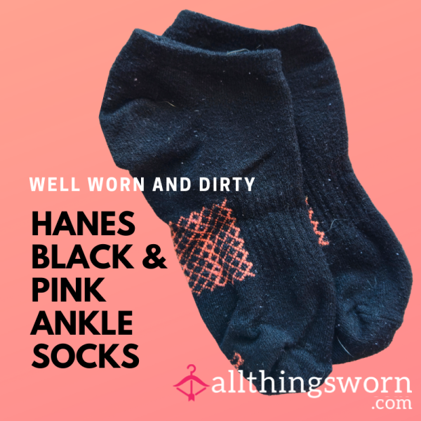 Hanes Black & Pink Ankle Socks - Well Worn, Worn At Work And The Gym