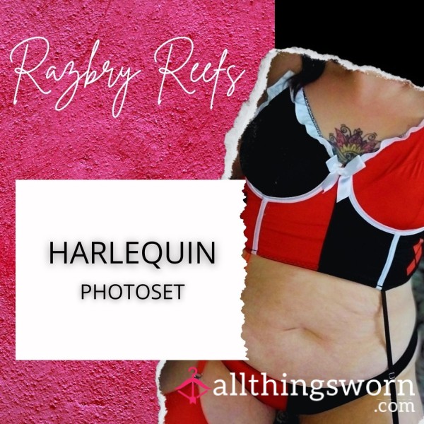 Harlequin Fetish Photo Set – Pierced Tits, Pu**y, & Stocking-Covered Feet