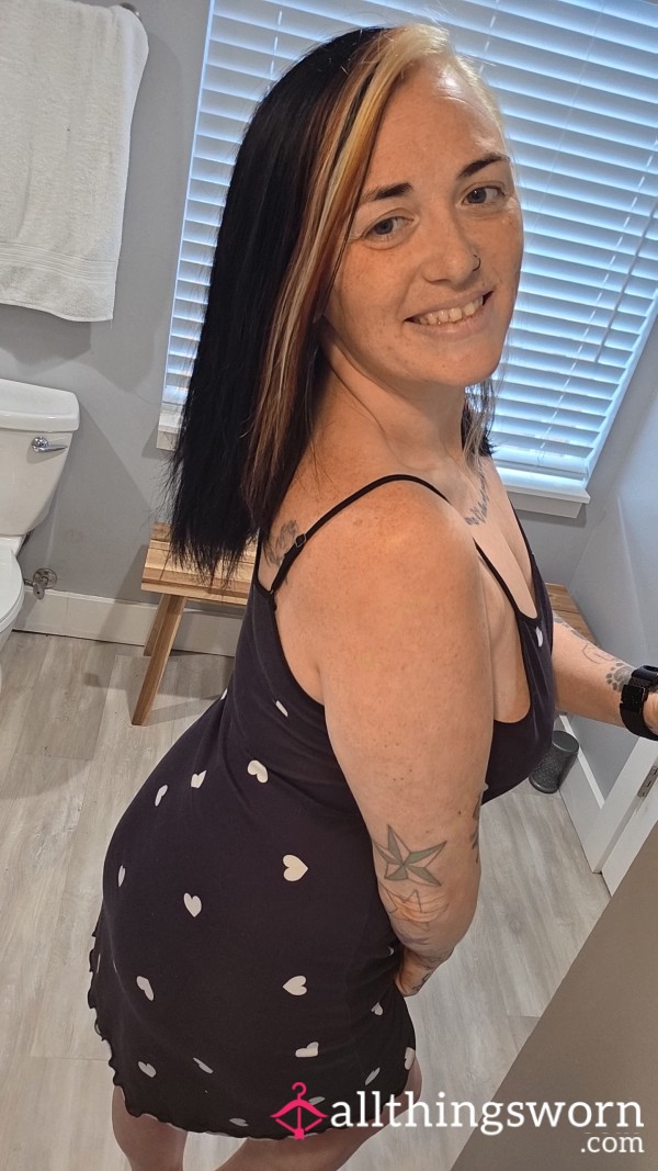 💕 Heart Print Sleep Dress Worn By A Shy Tattooed Girl