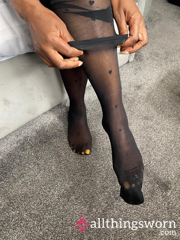 🖤 Heart-Print Worn Tights – How Long Can You Handle Me? 🧦