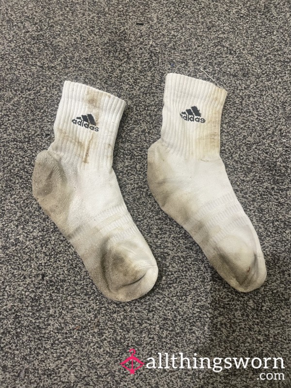 Heavily Used White Adidas Socks – Rugby & Sweat Sealed / 📦 UK Shipping / 🌍 International Shipping Available/ 📸 Photo Set Included 🔥 New Socks Like This Available Every Week!