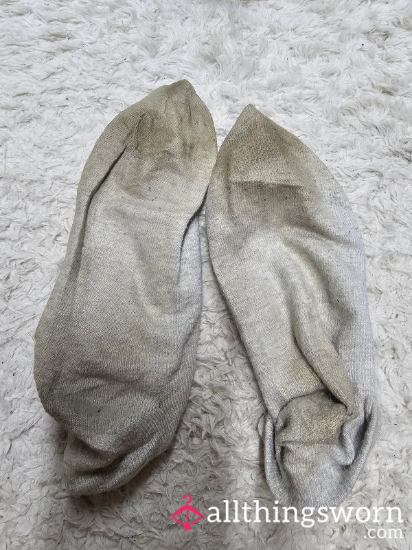 🧦 Heavily Worn Beige Ankle Socks – Dirty, Lived-In, Well-Traveled 💨