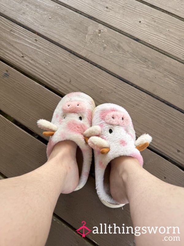 Heavily Worn Fuzzy Pink Cow Slippers