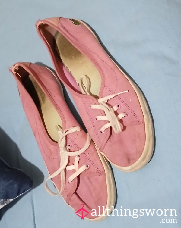 Heavily Worn Pink Canvas Flats – Dark Insoles – Soft Broken-In Daily Wear