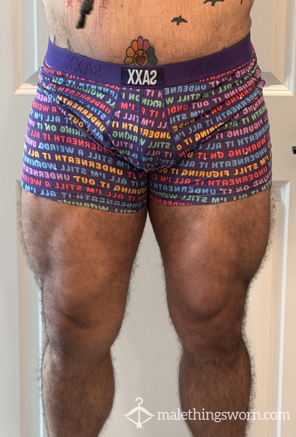Heavily Worn Saxx Purple Typography Print Boxer Briefs - Sport Fit