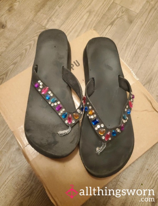 Heavily Worn Size 11 Black Wedge Flip Flops Colorful Rhinestone Gems