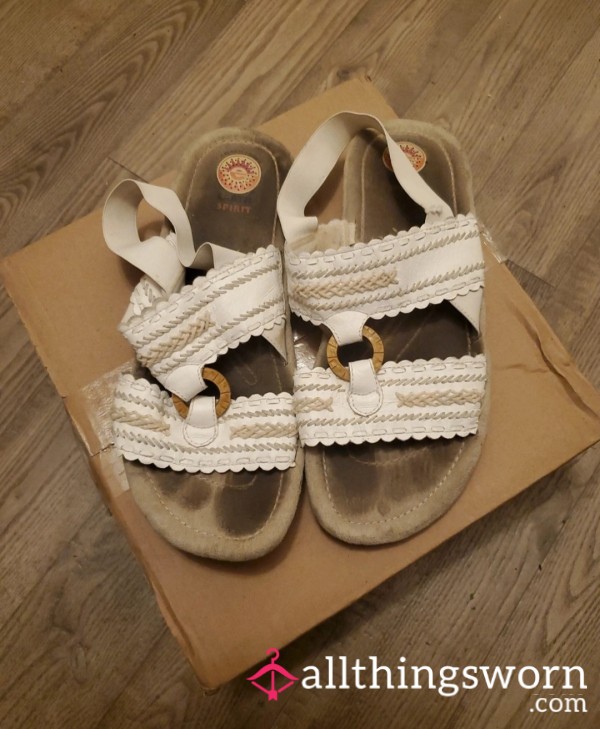 Heavily Worn Size 11 White Boho Sandals Deep Permanent Imprints