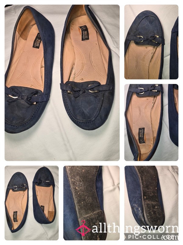 Heavily Worn Size 6 Flat Work Shoes - Deep Creasing, Faded Material, Flattened Soles, And Fully Broken-In- Shape