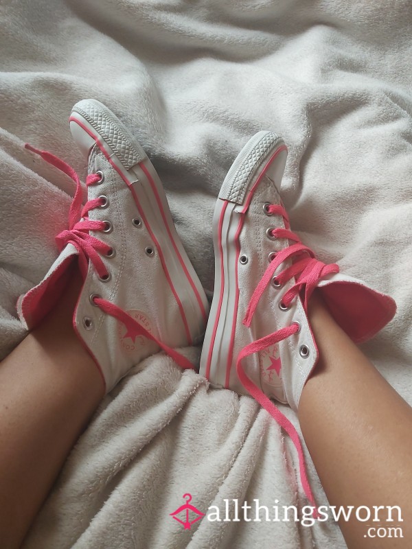 High Converse Very Worn Bright Pink And Cream